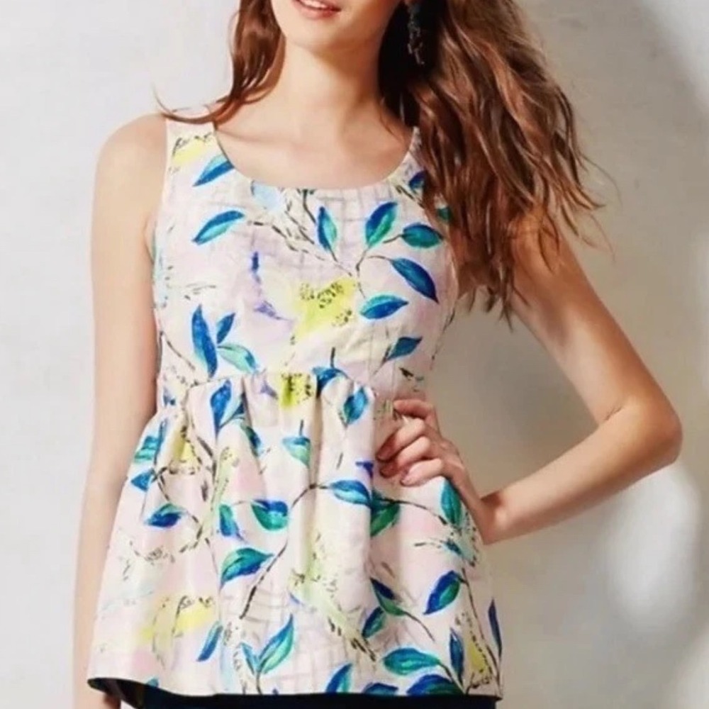 Leifsdottir Anthropologie Sleeveless Metallic Peplum Blouse with Birds‎ Size 4